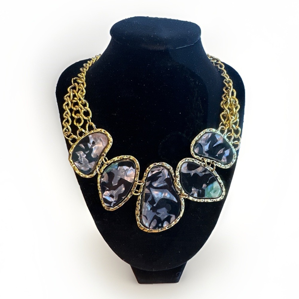 Chunky Gold Tone Multi Strand Statement Bib Necklace Black Pearl Faux Stone